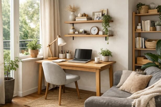 Otthoni dolgozósarok íróasztallal és növényekkel.