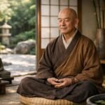 Zen szerzetes meditál egy letisztult térben, inspiráló környezetben.