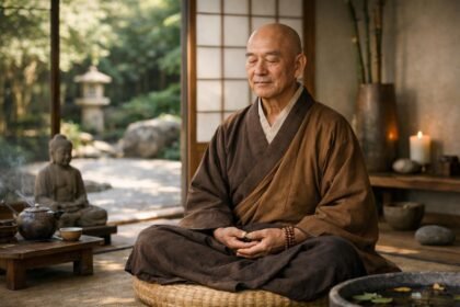 Zen szerzetes meditál egy letisztult térben, inspiráló környezetben.