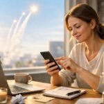 Nő, aki telefonján kívánságlistát ír, napfényes ablak mellett.