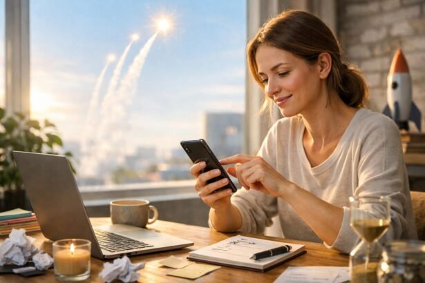 Nő, aki telefonján kívánságlistát ír, napfényes ablak mellett.