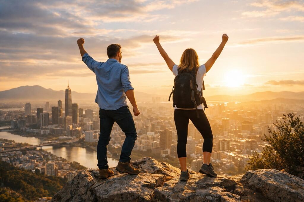 Pár sikerélményt ünneplő ember a város fölött naplementében