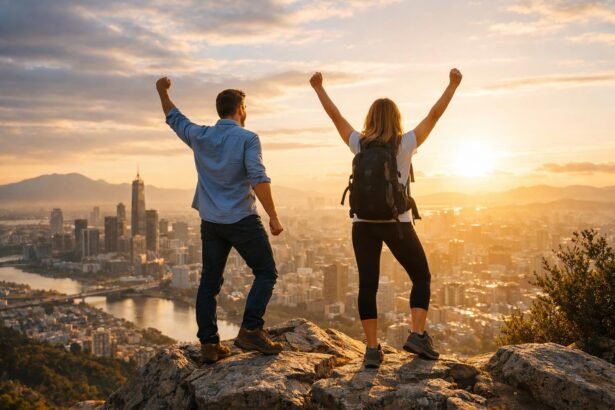 Pár sikerélményt ünneplő ember a város fölött naplementében