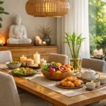 Harmonikus étkező feng shui elrendezés friss gyümölcsökkel és zöldségekkel.