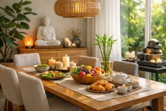 Harmonikus étkező feng shui elrendezés friss gyümölcsökkel és zöldségekkel.