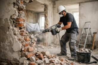 Férfi falbontás közben, romos szobában, építkezési munkálatok.