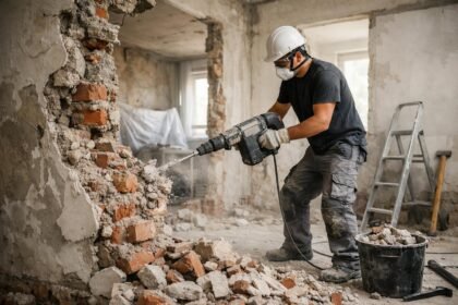 Férfi falbontás közben, romos szobában, építkezési munkálatok.