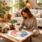 Nő feng shui Bagua-térképet tanulmányoz a modern otthonban.