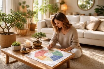 Nő feng shui Bagua-térképet tanulmányoz a modern otthonban.