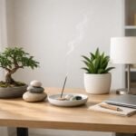 Feng shui irodai íróasztal zöld növényekkel és kövekkel.