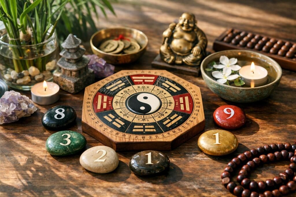 Feng Shui számok és szimbólumok összeállítása asztalon