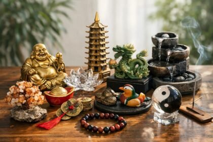 Feng shui tárgyak és szimbólumok, mint a nevető Buddha és a szerencsehozó érmék.
