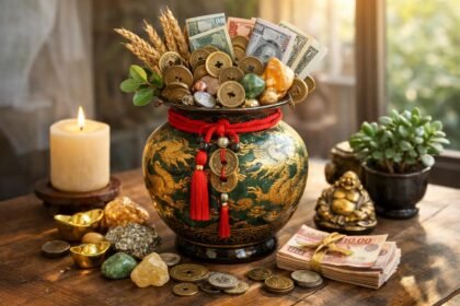 Feng shui gazdagság vázája, pénz, érmek és kristályok díszítik.