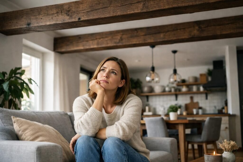 Nő a kanapén, gondolkodva a mennyezeti gerendák hatásáról a feng shui szerint