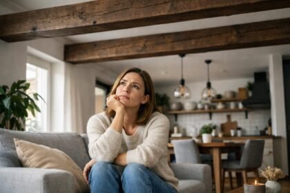 Nő a kanapén, gondolkodva a mennyezeti gerendák hatásáról a feng shui szerint