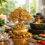 Feng shui gazdagságot hozó dekoráció, arany fa és gyertyák