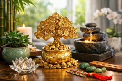 Feng shui gazdagságot hozó dekoráció, arany fa és gyertyák