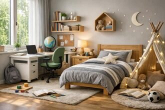 Gyerekek számára berendezett szoba tanuláshoz és pihenéshez.
