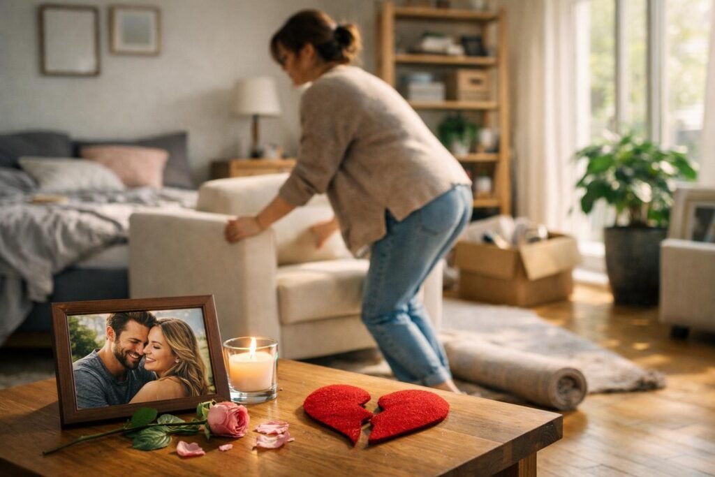 Nő bútorokat átrendez a szobában, miközben a múltat elengedi.