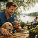 Férfi arany retriever kutyával pénzt számol a szabadban.