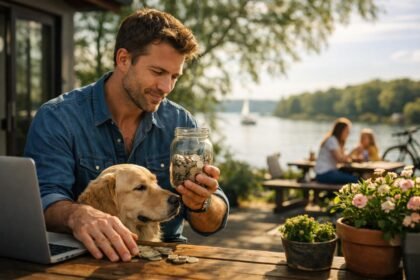 Férfi arany retriever kutyával pénzt számol a szabadban.