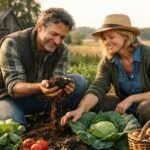 Két ember a kertben, a talajt és a növényeket vizsgálva a gazdagság érdekében.