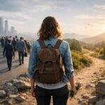 Nő, aki a természetben sétál, miközben a város felé néz