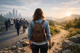 Nő, aki a természetben sétál, miközben a város felé néz