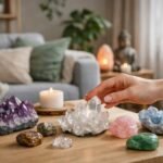 Feng shui kristályok elrendezése otthon, hegyikristály, ametiszt és rózsakvarc.
