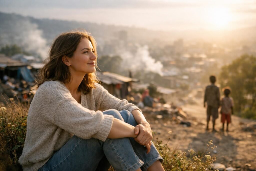 Nő a naplementében, aki a világra néz, körülötte gyermekekkel.