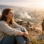 Nő a naplementében, aki a világra néz, körülötte gyermekekkel.