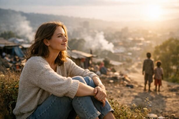 Nő a naplementében, aki a világra néz, körülötte gyermekekkel.