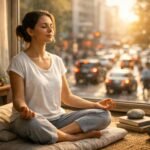 Meditáló nő a város forgatagában, aki belső békére törekszik.