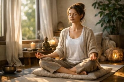 Nő meditál otthon, békés környezetben, gyertyák és Buddha szobor mellett.