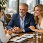 Tehetős ügyfelek tanácskozás közben egy modern irodában.