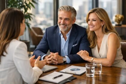 Tehetős ügyfelek tanácskozás közben egy modern irodában.