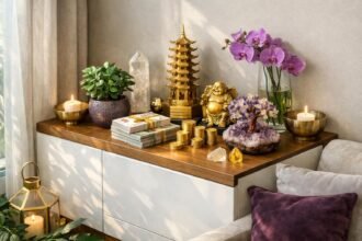 Feng Shui bőség sarok díszítve pénzzel, növényekkel és szobrokkal.