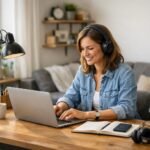 Nő home officeban, headsettel laptopon dolgozik, inspiráló munkakörnyezet.