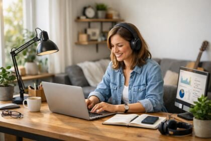 Nő home officeban, headsettel laptopon dolgozik, inspiráló munkakörnyezet.