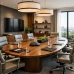Modern üzleti tárgyalóterem elegáns berendezéssel és növényekkel.