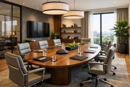 Modern üzleti tárgyalóterem elegáns berendezéssel és növényekkel.