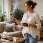 Nő tértisztítás közben, füstölővel és kristályokkal az asztalon.