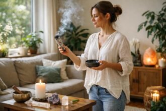 Nő tértisztítás közben, füstölővel és kristályokkal az asztalon.