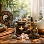 Füstölők és illóolajok feng shui asztalon, Buddha szoborral.