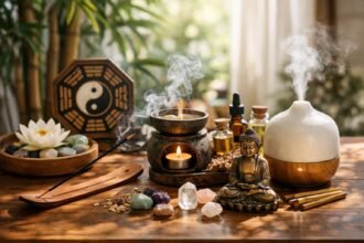 Füstölők és illóolajok feng shui asztalon, Buddha szoborral.