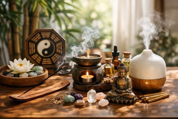 Füstölők és illóolajok feng shui asztalon, Buddha szoborral.