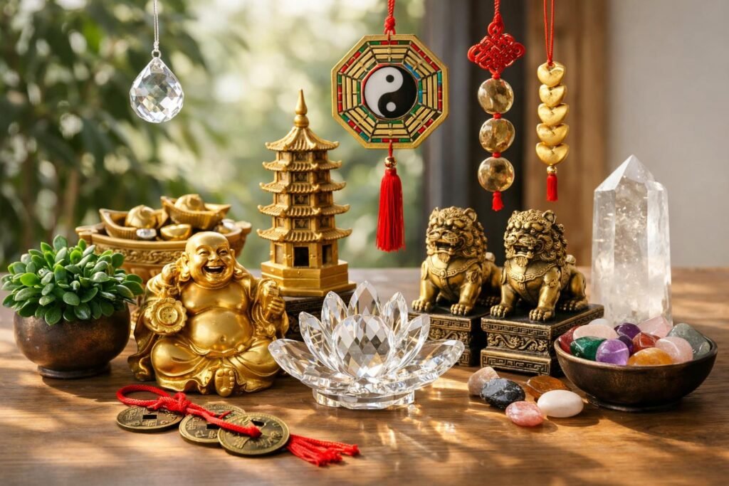 Feng Shui szerencsehozó tárgyak asztali elrendezése