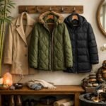 Feng Shui stílusú kabátok tárolása otthoni előszobában.