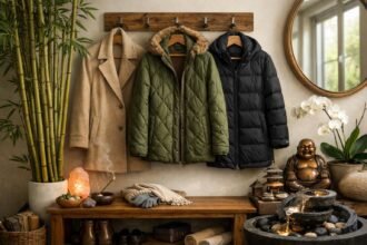 Feng Shui stílusú kabátok tárolása otthoni előszobában.