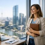 Nő karriert épít a modern irodájában, álmait keresi.